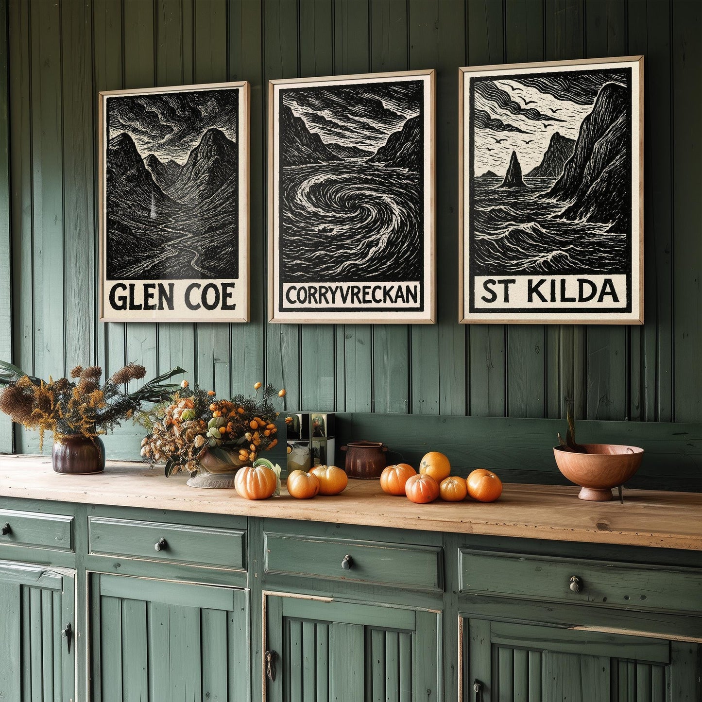 Glen Coe, Corryvreckan, St Kilda Posters - Set of Three Scotland Travel Art Prints - 3 B&W Woodcut Illustration Painting Highlands