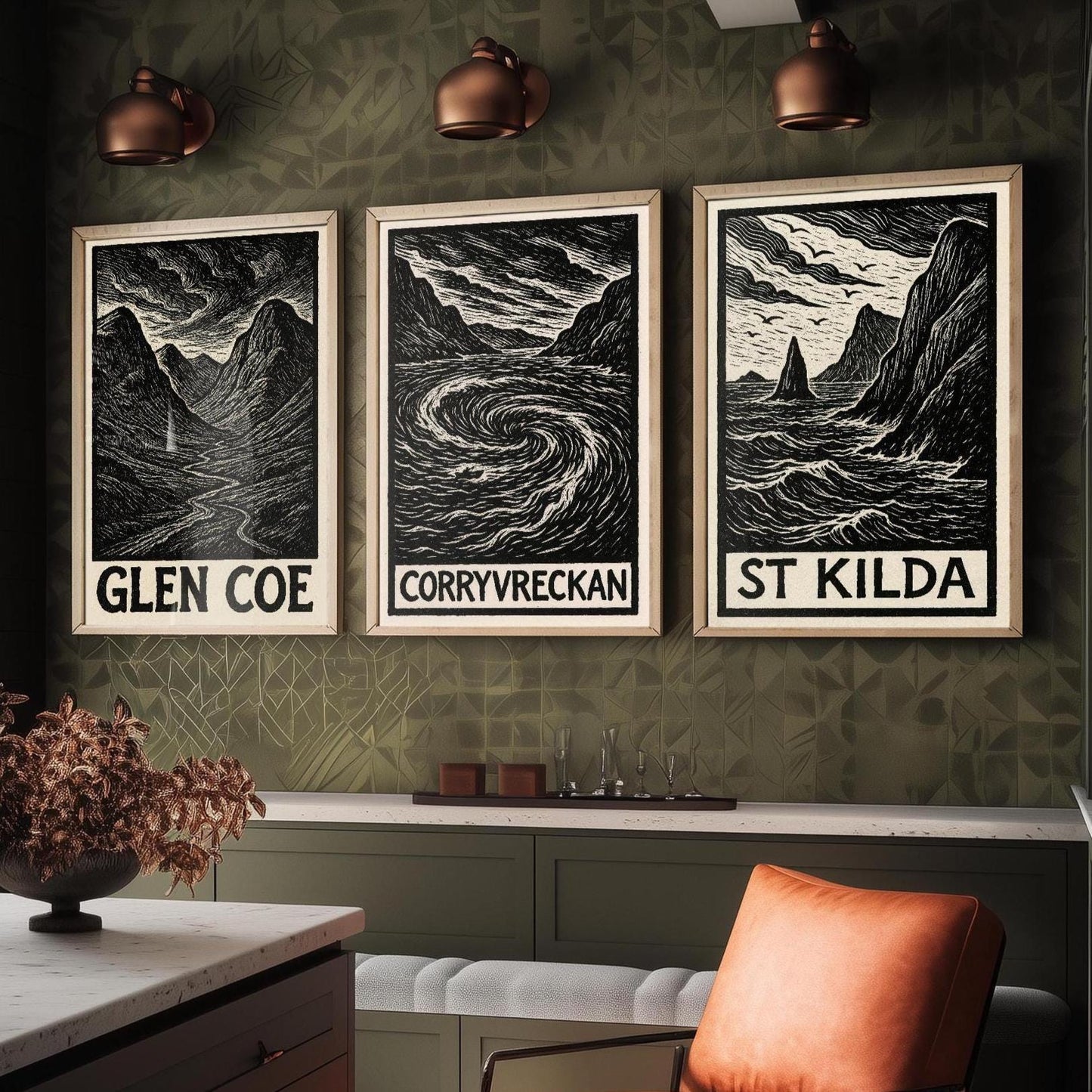 Glen Coe, Corryvreckan, St Kilda Posters - Set of Three Scotland Travel Art Prints - 3 B&W Woodcut Illustration Painting Highlands