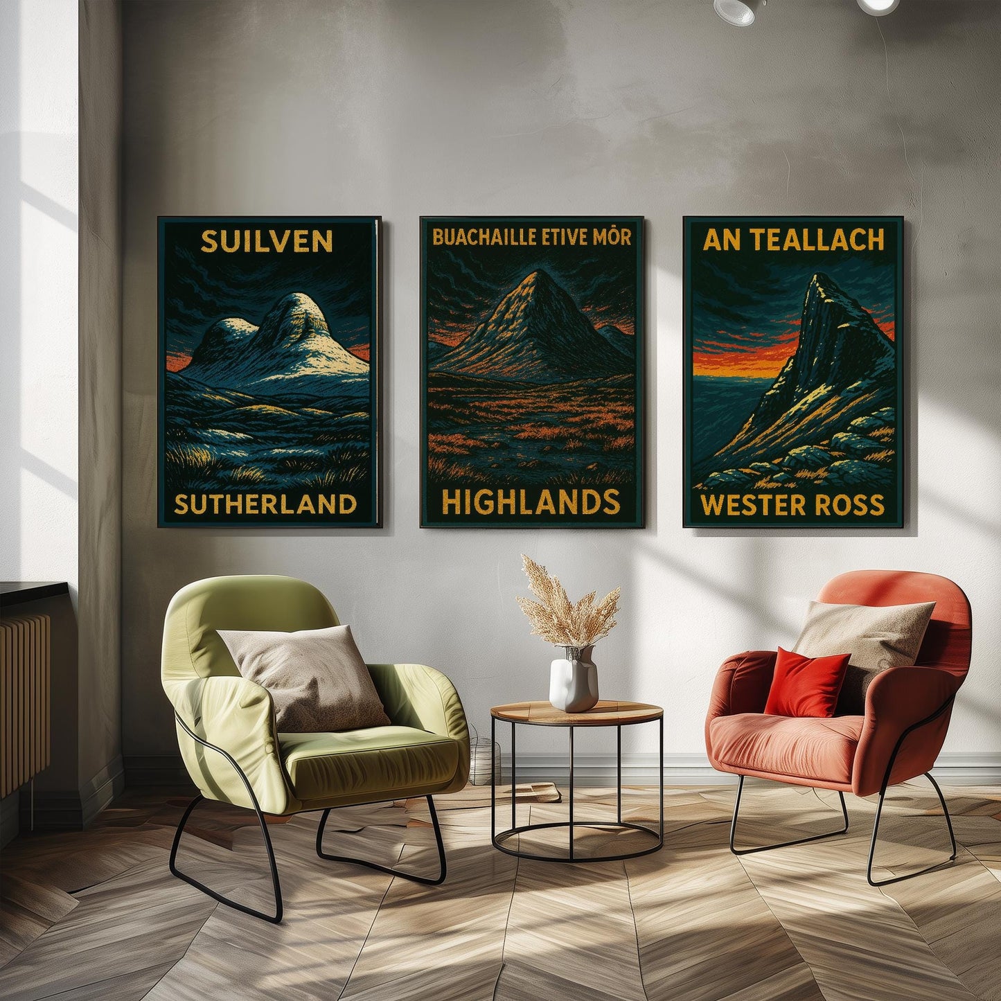 Suilven, Bauchaille Etive Mor, An Teallach Posters - Set of Three Scotland Travel Art Prints - 3 Dark Moody Illustration Painting Highlands