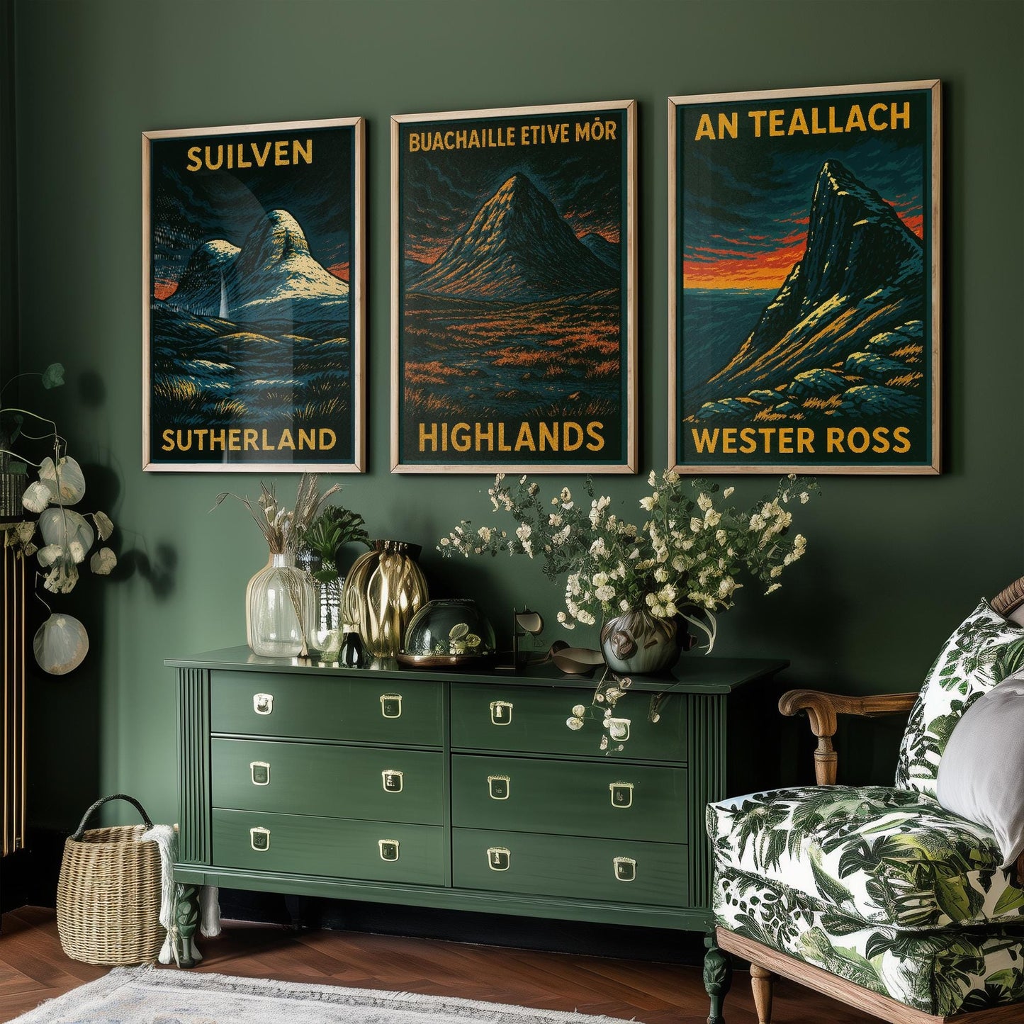 Suilven, Bauchaille Etive Mor, An Teallach Posters - Set of Three Scotland Travel Art Prints - 3 Dark Moody Illustration Painting Highlands