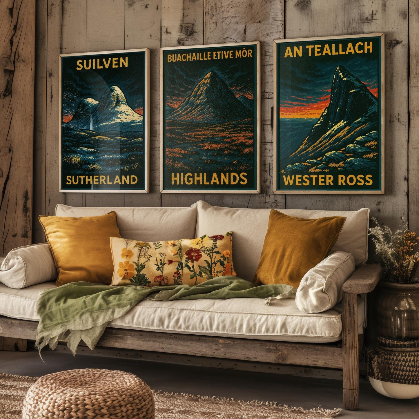Suilven, Bauchaille Etive Mor, An Teallach Posters - Set of Three Scotland Travel Art Prints - 3 Dark Moody Illustration Painting Highlands