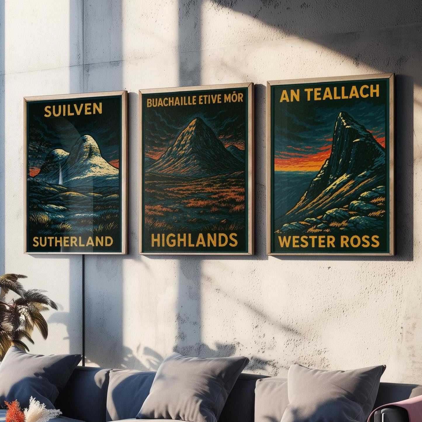 Suilven, Bauchaille Etive Mor, An Teallach Posters - Set of Three Scotland Travel Art Prints - 3 Dark Moody Illustration Painting Highlands