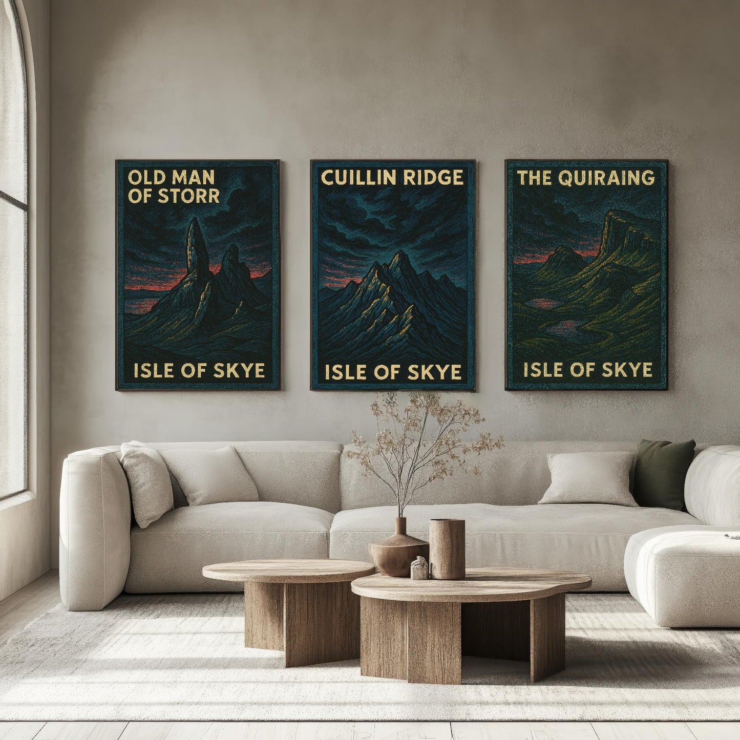 Isle of Skye Set of Three Art Prints- Old Man of Storr, Cuillin Ridge, The Quiraing Posters - 3 Dark Moody Illustration Painting Highlands