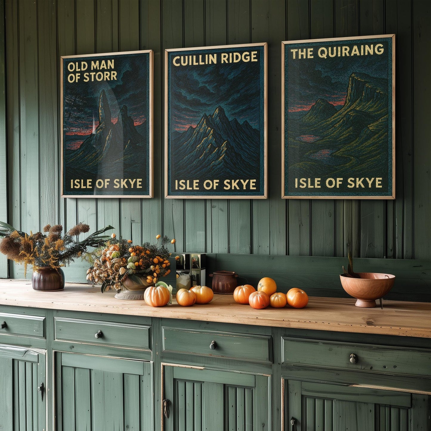 Isle of Skye Set of Three Art Prints- Old Man of Storr, Cuillin Ridge, The Quiraing Posters - 3 Dark Moody Illustration Painting Highlands