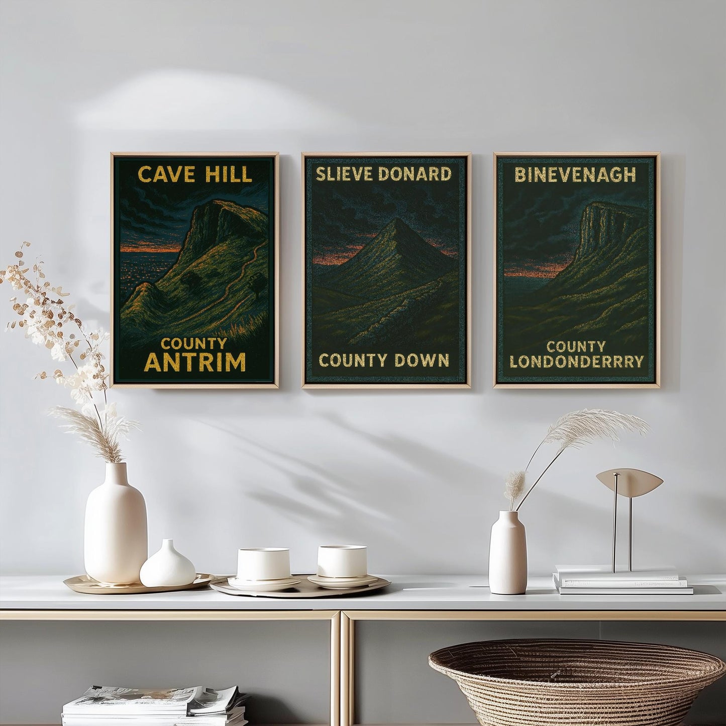 Norther Ireland Mountains Set of Three Art Prints- Cave Hill, Slieve Donard, Binevenagh Posters - 3 Dark Moody Illustration Painting