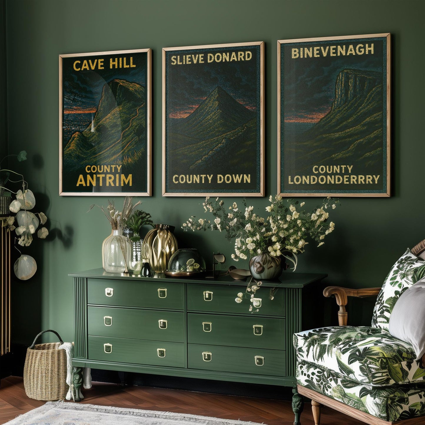 Norther Ireland Mountains Set of Three Art Prints- Cave Hill, Slieve Donard, Binevenagh Posters - 3 Dark Moody Illustration Painting