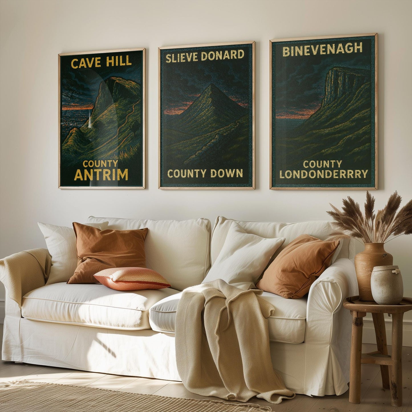 Norther Ireland Mountains Set of Three Art Prints- Cave Hill, Slieve Donard, Binevenagh Posters - 3 Dark Moody Illustration Painting