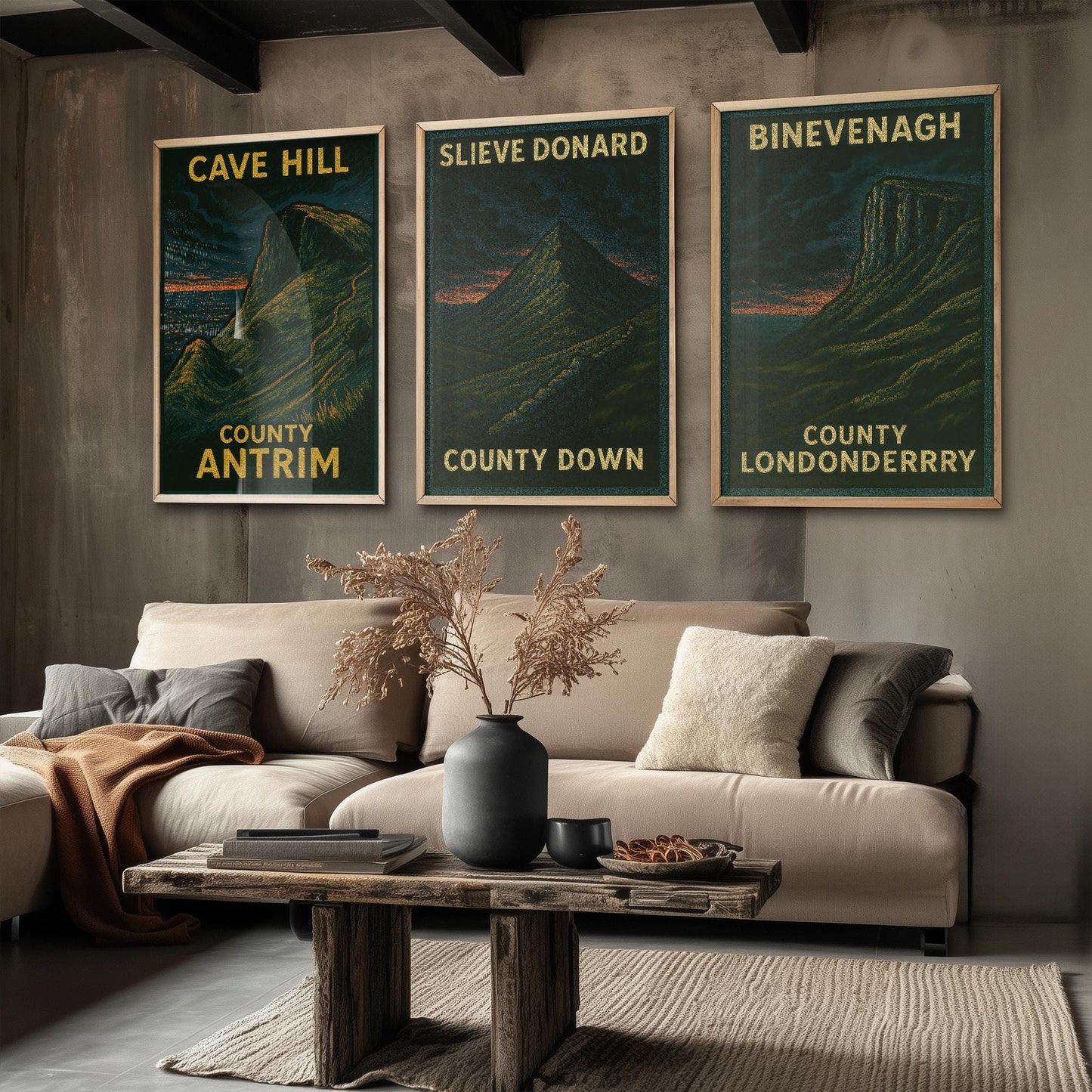 Norther Ireland Mountains Set of Three Art Prints- Cave Hill, Slieve Donard, Binevenagh Posters - 3 Dark Moody Illustration Painting