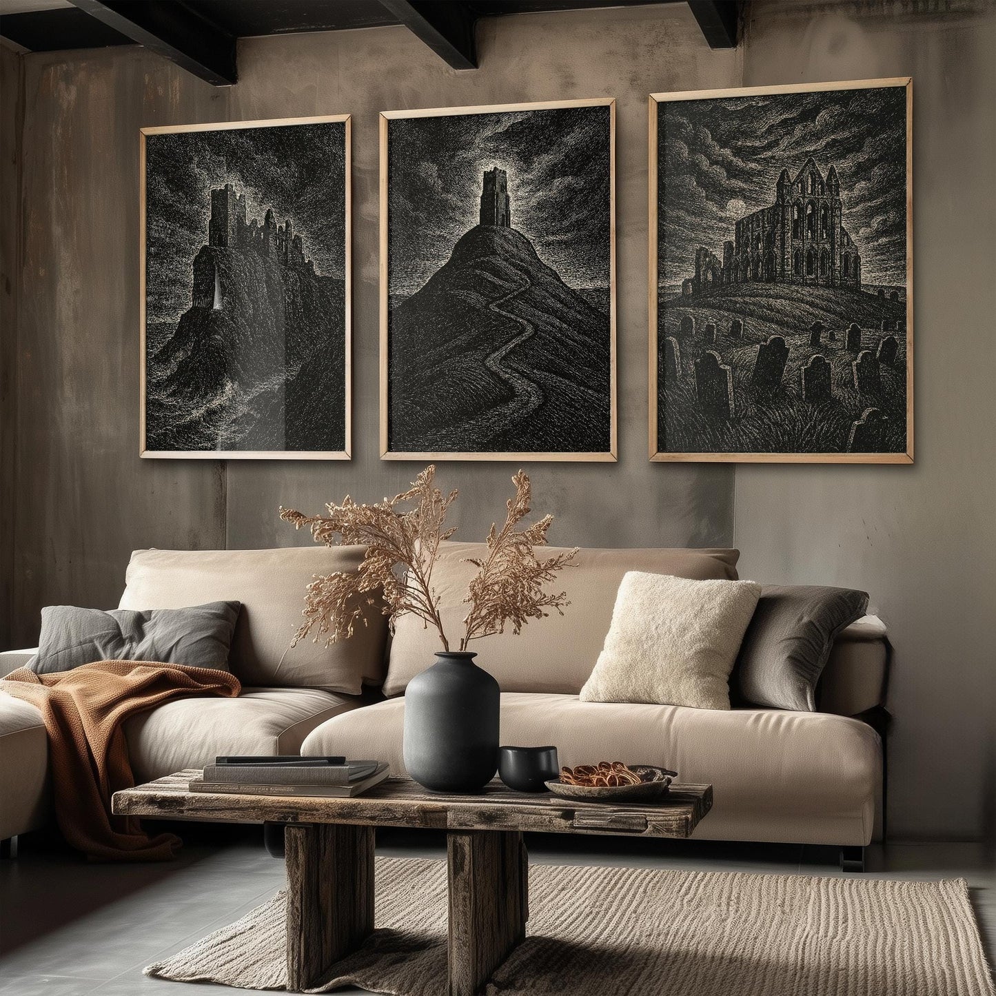Moody UK Landmarks - Set of Three Art Prints - Dunnottar Castle, Glastonbury Tor, Whitby Abbey Posters - 3 Dark Illustration Painting
