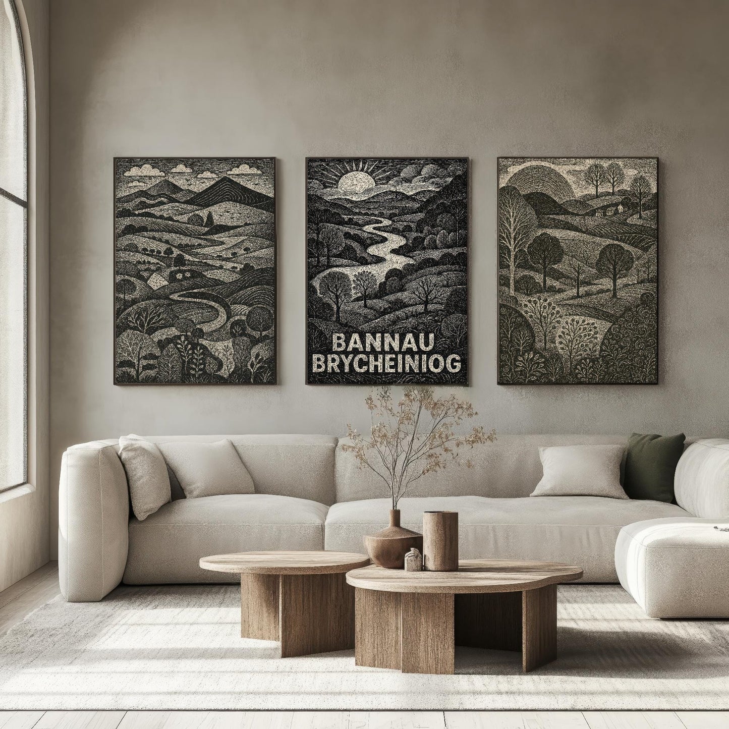 Bannau Brycheiniog Woodcut Art Prints - Set of Three Welsh Posters - Brecon Beacons Pen y Fan Posters - 3 Painting Wales Welsh Landscapes