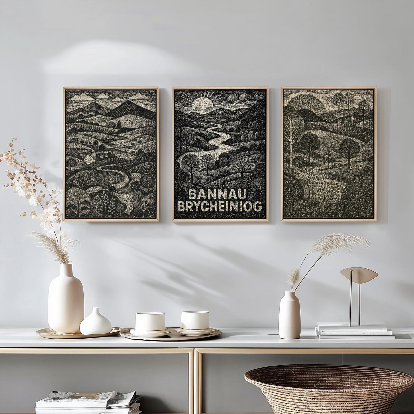 Bannau Brycheiniog Woodcut Art Prints - Set of Three Welsh Posters - Brecon Beacons Pen y Fan Posters - 3 Painting Wales Welsh Landscapes