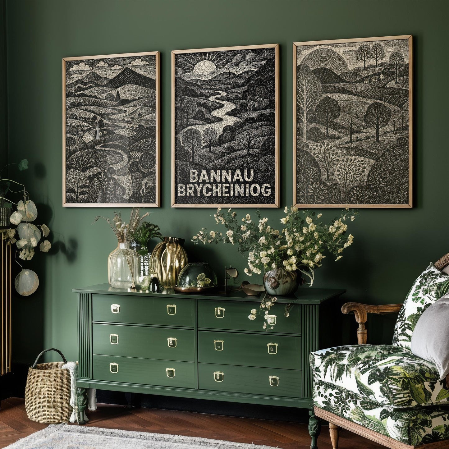 Bannau Brycheiniog Woodcut Art Prints - Set of Three Welsh Posters - Brecon Beacons Pen y Fan Posters - 3 Painting Wales Welsh Landscapes
