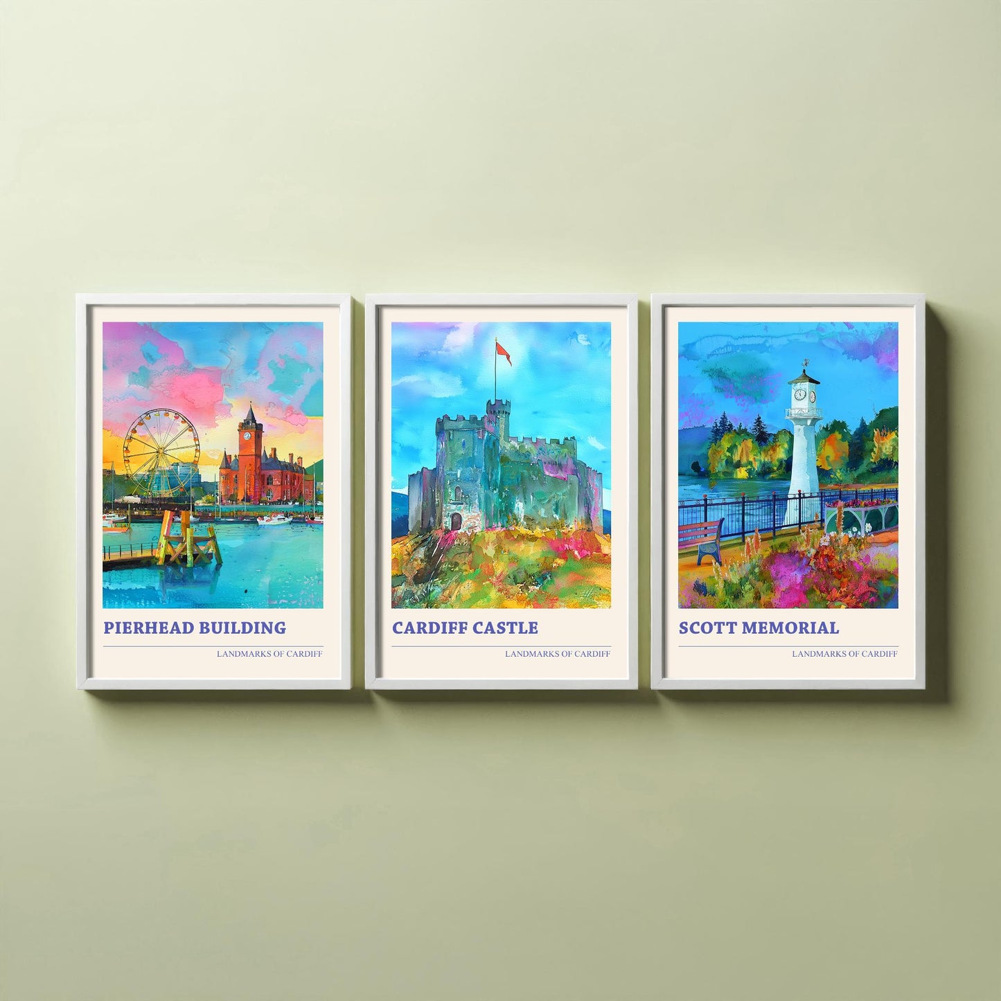 Landmarks of Cardiff Watercolour Paintings - Set of Three Art Prints - Cardiff Bay, Cardiff Castle, Roath Lake Lighthouse Posters - 3 Gift