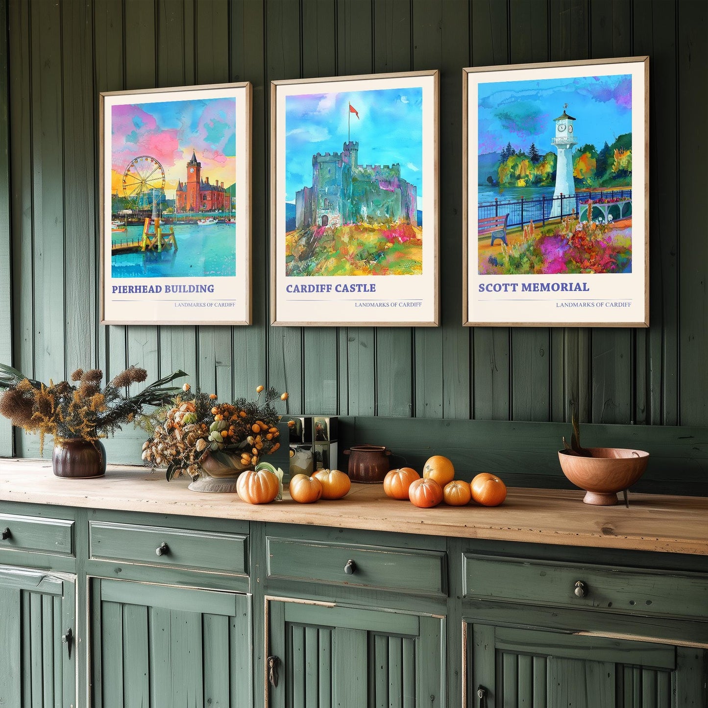 Landmarks of Cardiff Watercolour Paintings - Set of Three Art Prints - Cardiff Bay, Cardiff Castle, Roath Lake Lighthouse Posters - 3 Gift