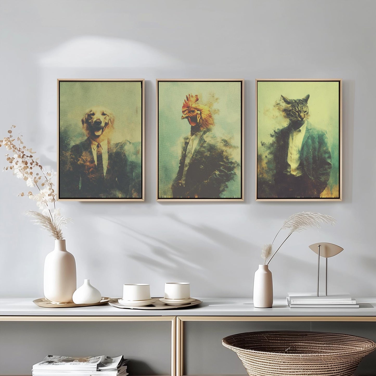 Set of Three Business Animals Wearing Suits Paintings - 3 Golden Retriever Dog, Chicken, Cat Art Prints - Photo Poster Wall Gift