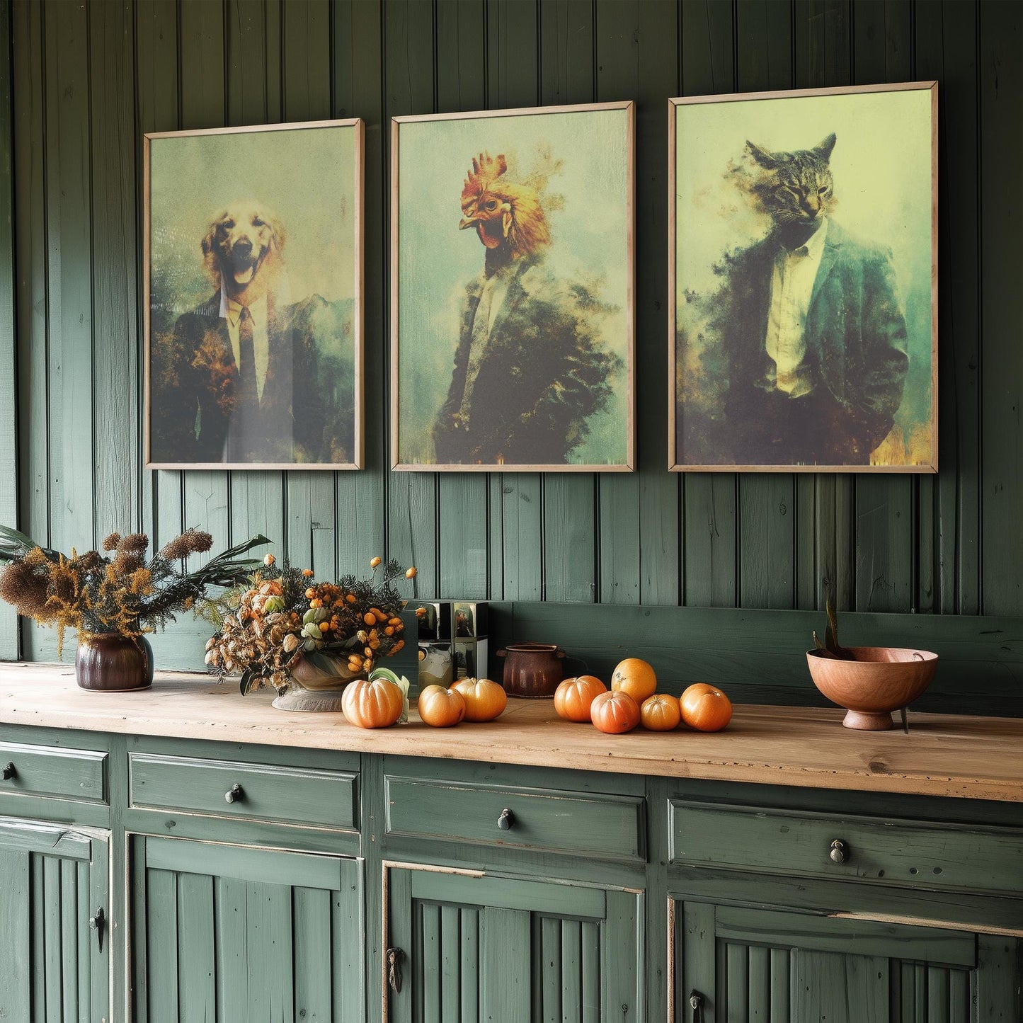 Set of Three Business Animals Wearing Suits Paintings - 3 Golden Retriever Dog, Chicken, Cat Art Prints - Photo Poster Wall Gift
