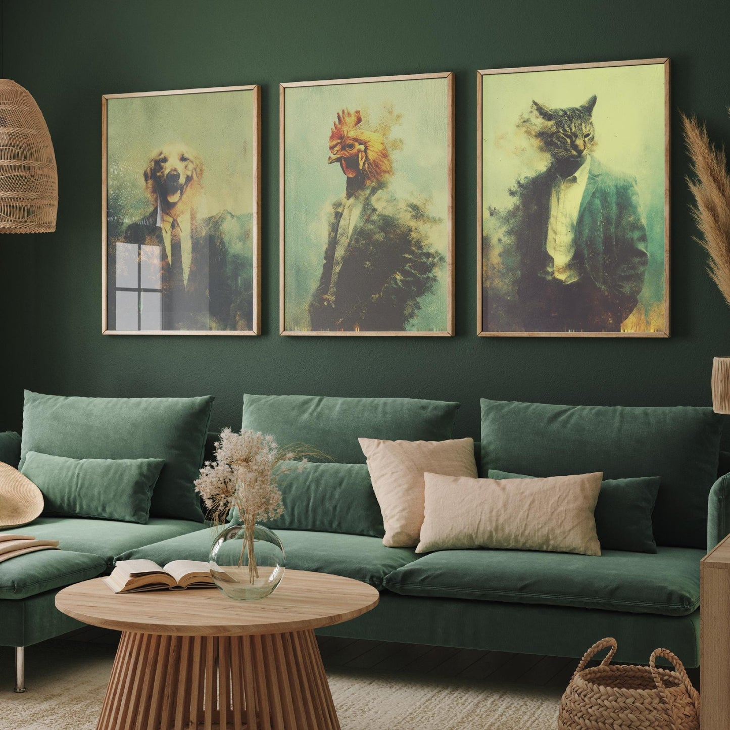 Set of Three Business Animals Wearing Suits Paintings - 3 Golden Retriever Dog, Chicken, Cat Art Prints - Photo Poster Wall Gift