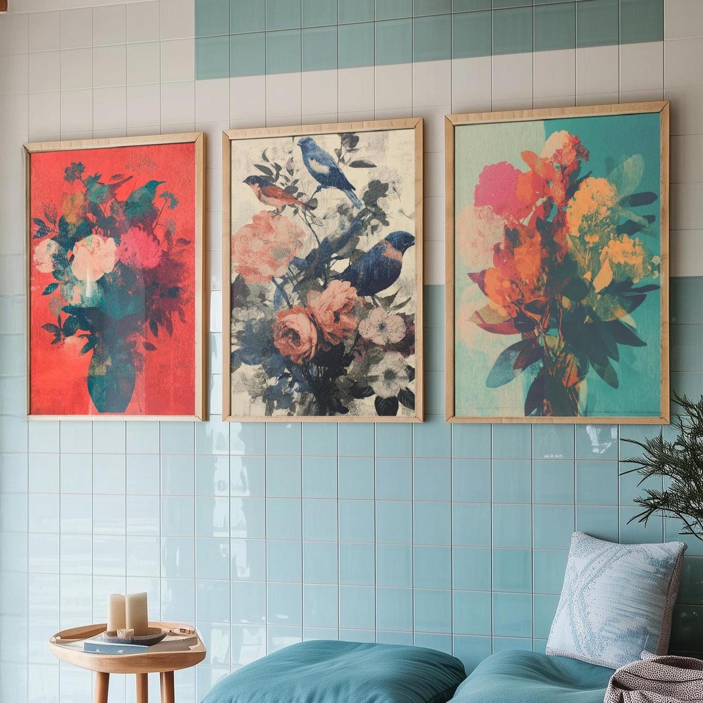 Set of Three Floral Bouquet with Birds Art Prints - Set of 3 Flower Plants - Paintings Photo Poster Wall Gift Museum Botanical Bunch Muted
