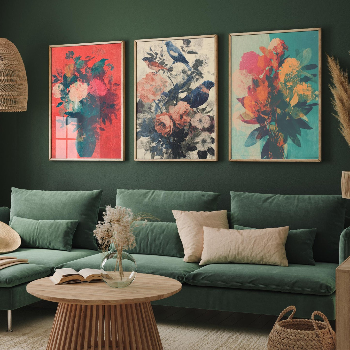 Set of Three Floral Bouquet with Birds Art Prints - Set of 3 Flower Plants - Paintings Photo Poster Wall Gift Museum Botanical Bunch Muted