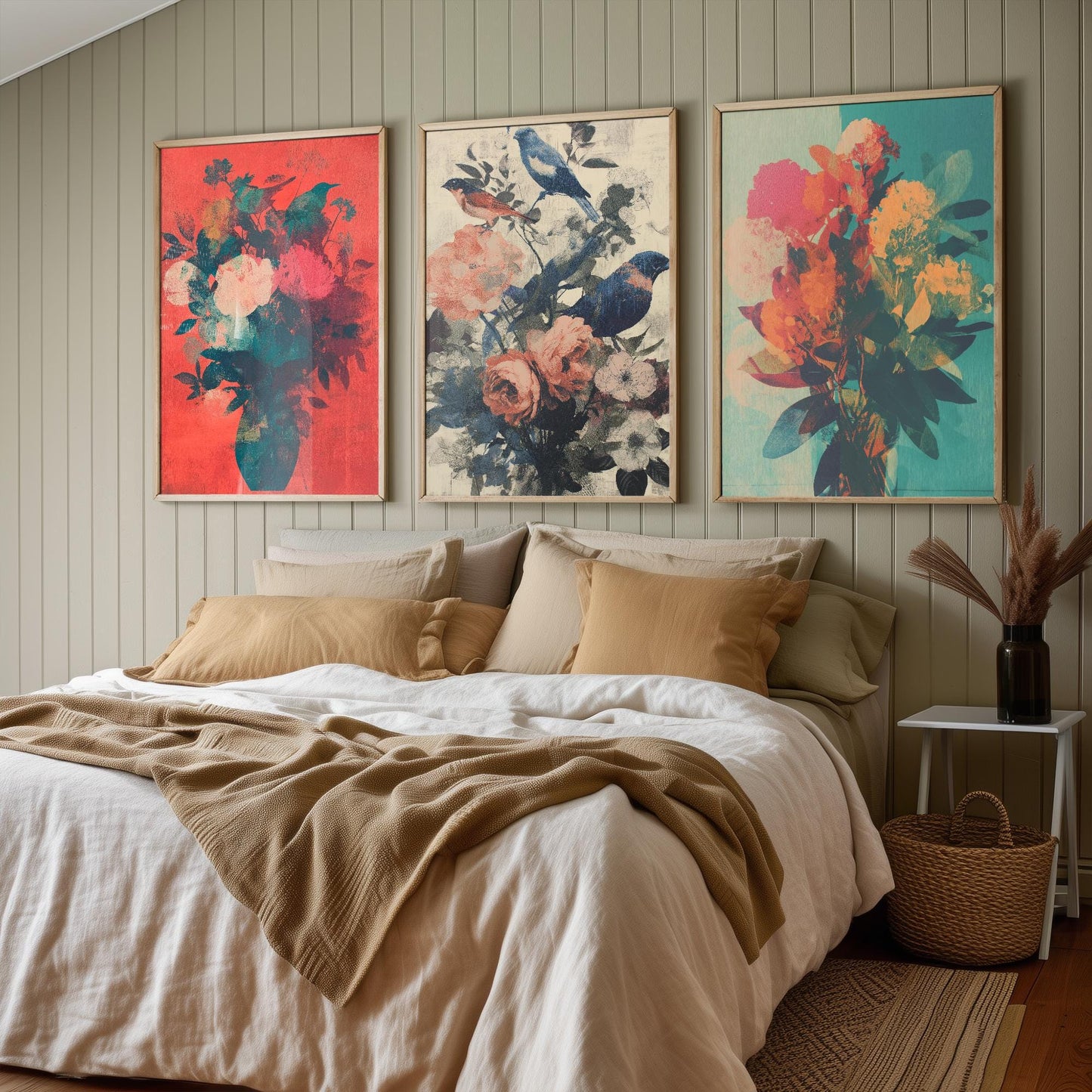 Set of Three Floral Bouquet with Birds Art Prints - Set of 3 Flower Plants - Paintings Photo Poster Wall Gift Museum Botanical Bunch Muted