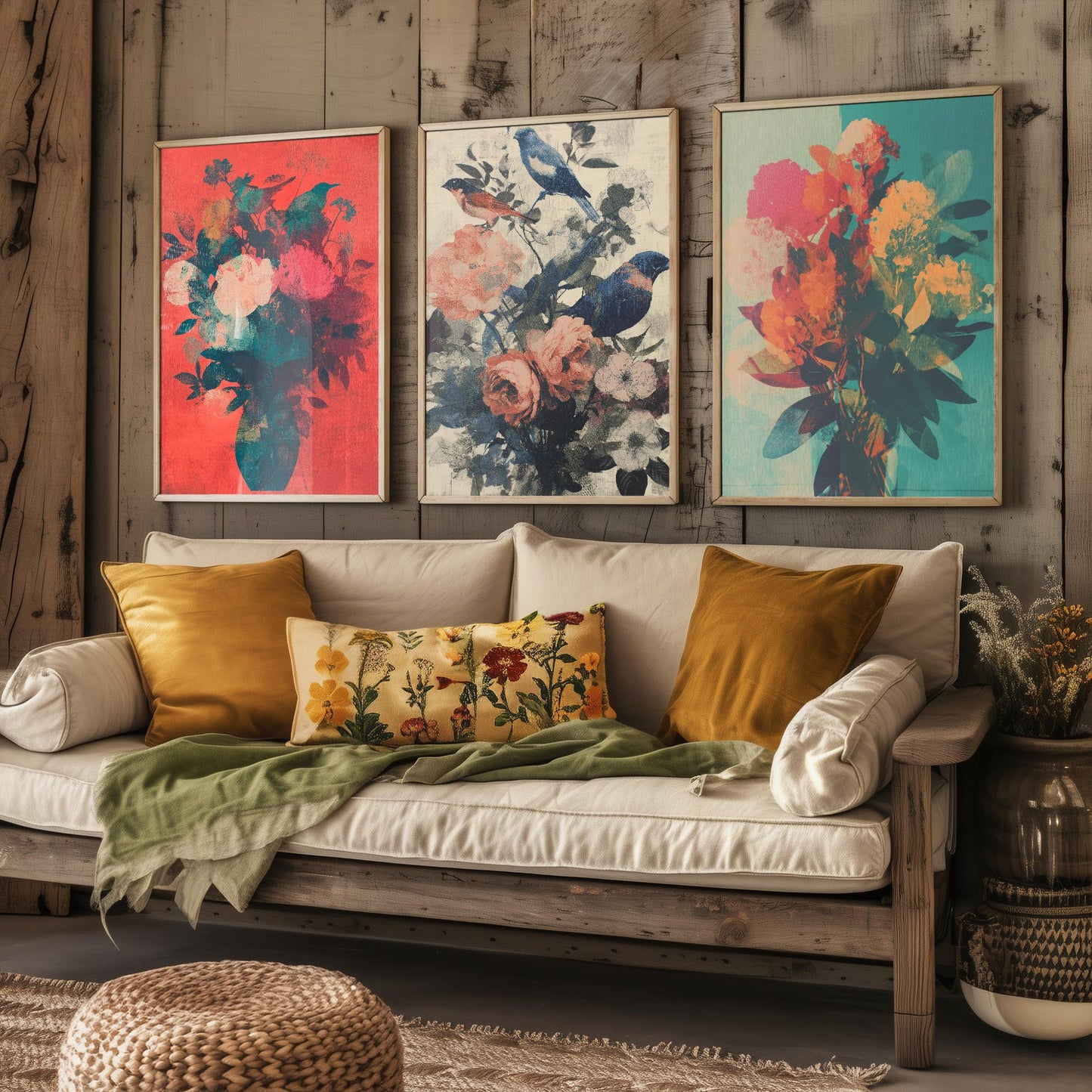 Set of Three Floral Bouquet with Birds Art Prints - Set of 3 Flower Plants - Paintings Photo Poster Wall Gift Museum Botanical Bunch Muted