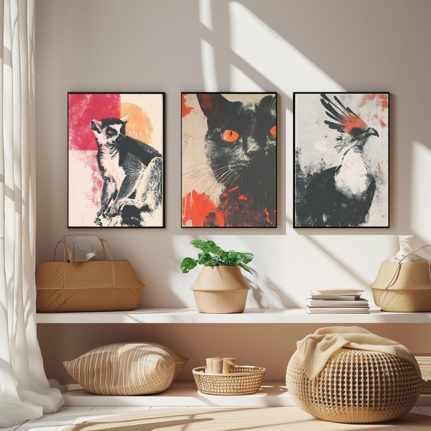 Animal Screen Prints Set of Three Paintings - Art Featuring the Ring Tailed Lemur, Cat and Secretary Bird - Unique Poster Set Gift