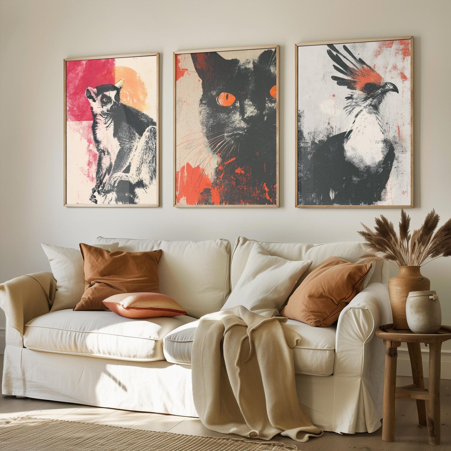 Animal Screen Prints Set of Three Paintings - Art Featuring the Ring Tailed Lemur, Cat and Secretary Bird - Unique Poster Set Gift
