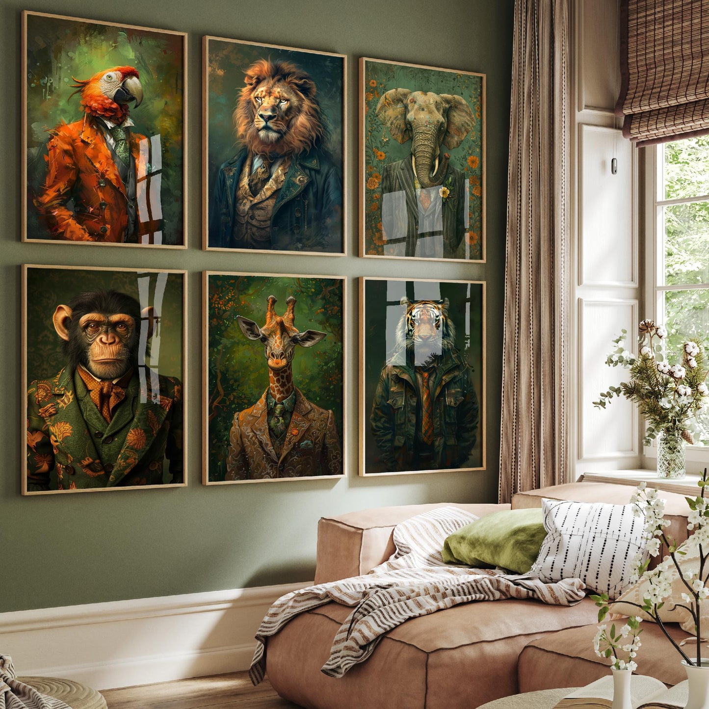 Set of Six Animals in Suits Art Prints - 6 Paintings Parrot, Lion, Elephant, Monkey, Giraffe, Tiger - Photo Poster Wall Gift Whimsical Fun