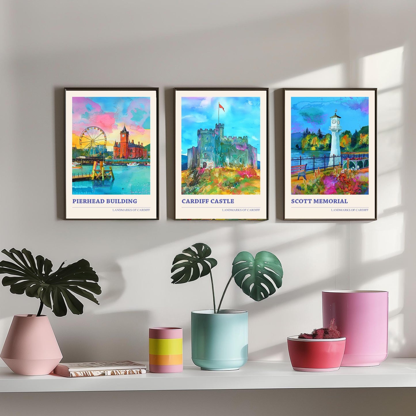Landmarks of Cardiff Watercolour Paintings - Set of Three Art Prints - Cardiff Bay, Cardiff Castle, Roath Lake Lighthouse Posters - 3 Gift