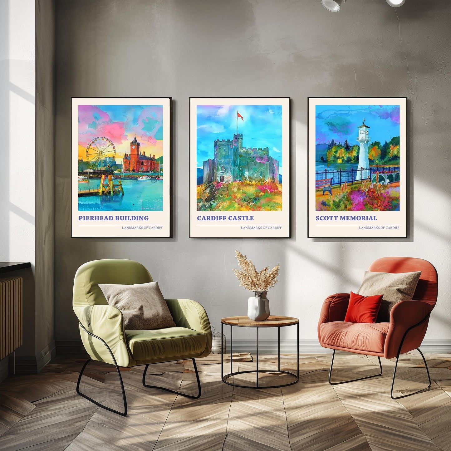 Landmarks of Cardiff Watercolour Paintings - Set of Three Art Prints - Cardiff Bay, Cardiff Castle, Roath Lake Lighthouse Posters - 3 Gift