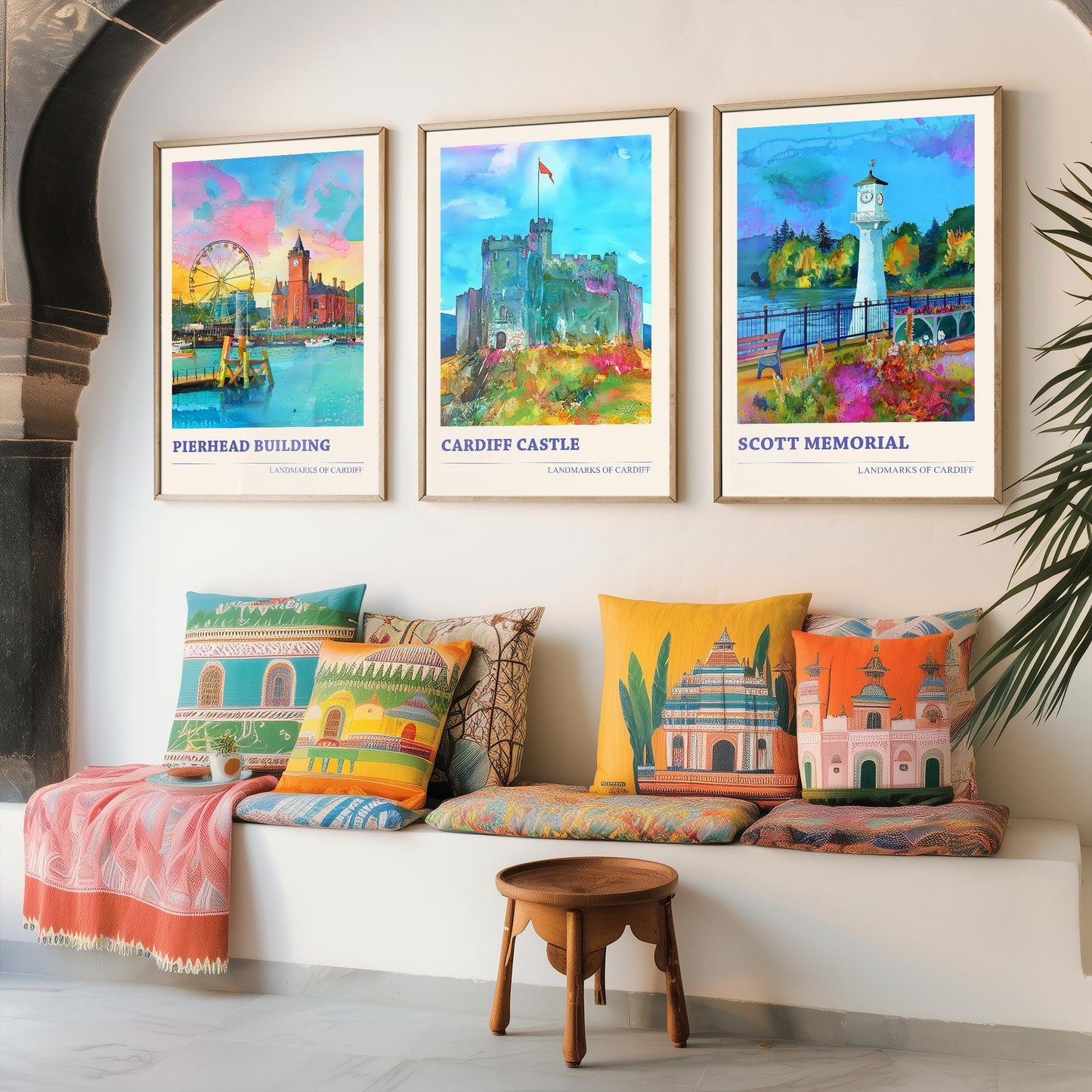 Landmarks of Cardiff Watercolour Paintings - Set of Three Art Prints - Cardiff Bay, Cardiff Castle, Roath Lake Lighthouse Posters - 3 Gift