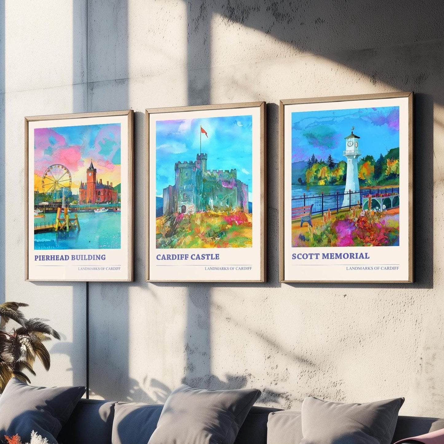 Landmarks of Cardiff Watercolour Paintings - Set of Three Art Prints - Cardiff Bay, Cardiff Castle, Roath Lake Lighthouse Posters - 3 Gift