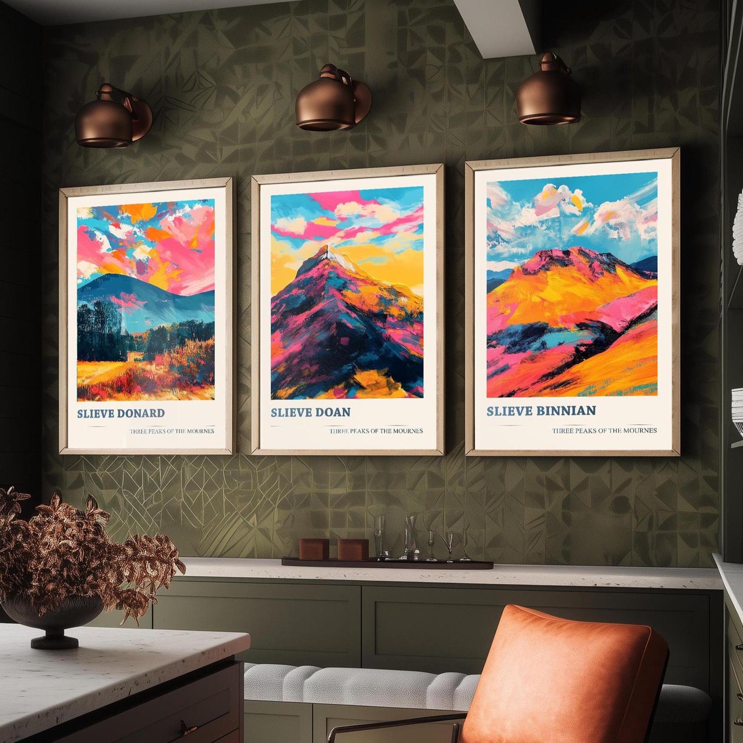 The Mournes - Set of Three Northern Ireland Mountain Peaks - Slieve Donard, Doan, Binnian - 3 Art Prints Painting Illustration Poster Visit
