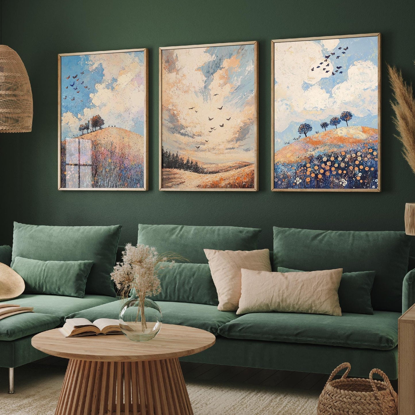 Rolling Butterfly Landscape Art Prints in Periwinkle, Copper and Ice - Set of Three Posters, Painting - Lincolnshire Wolds