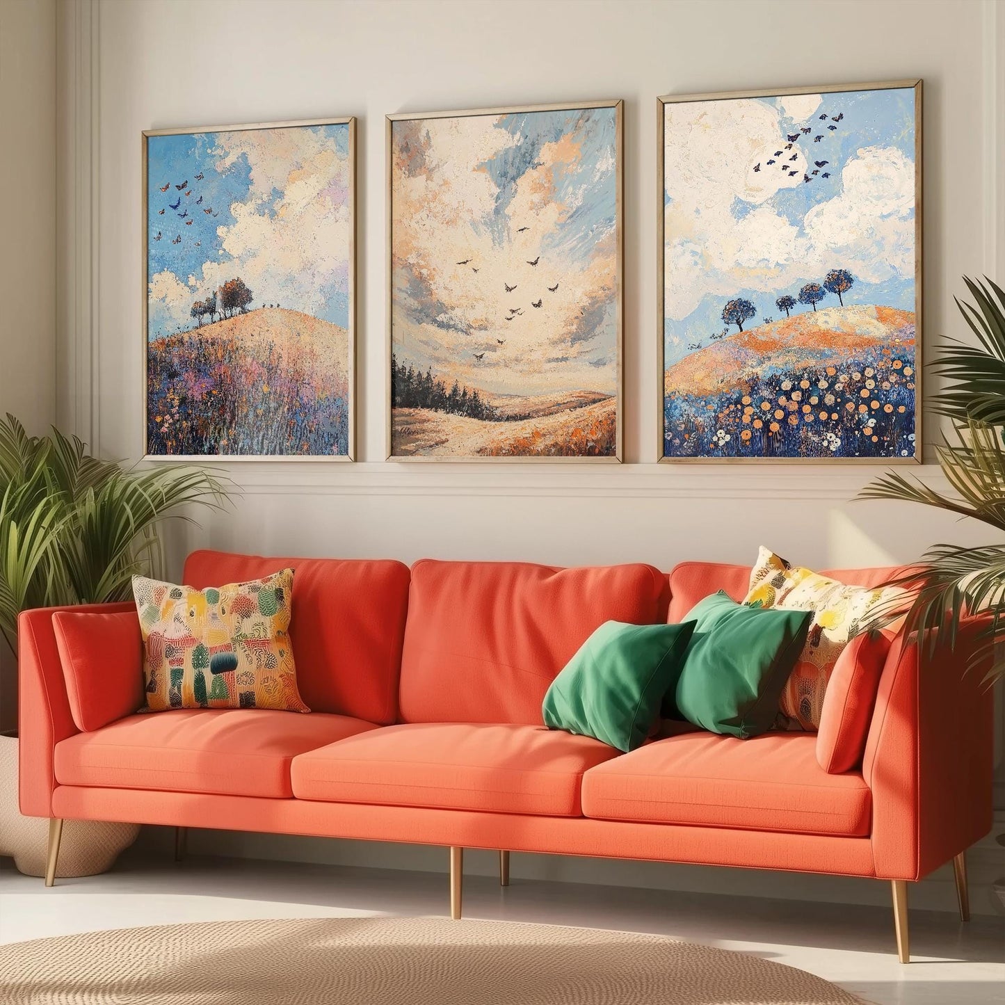 Rolling Butterfly Landscape Art Prints in Periwinkle, Copper and Ice - Set of Three Posters, Painting - Lincolnshire Wolds