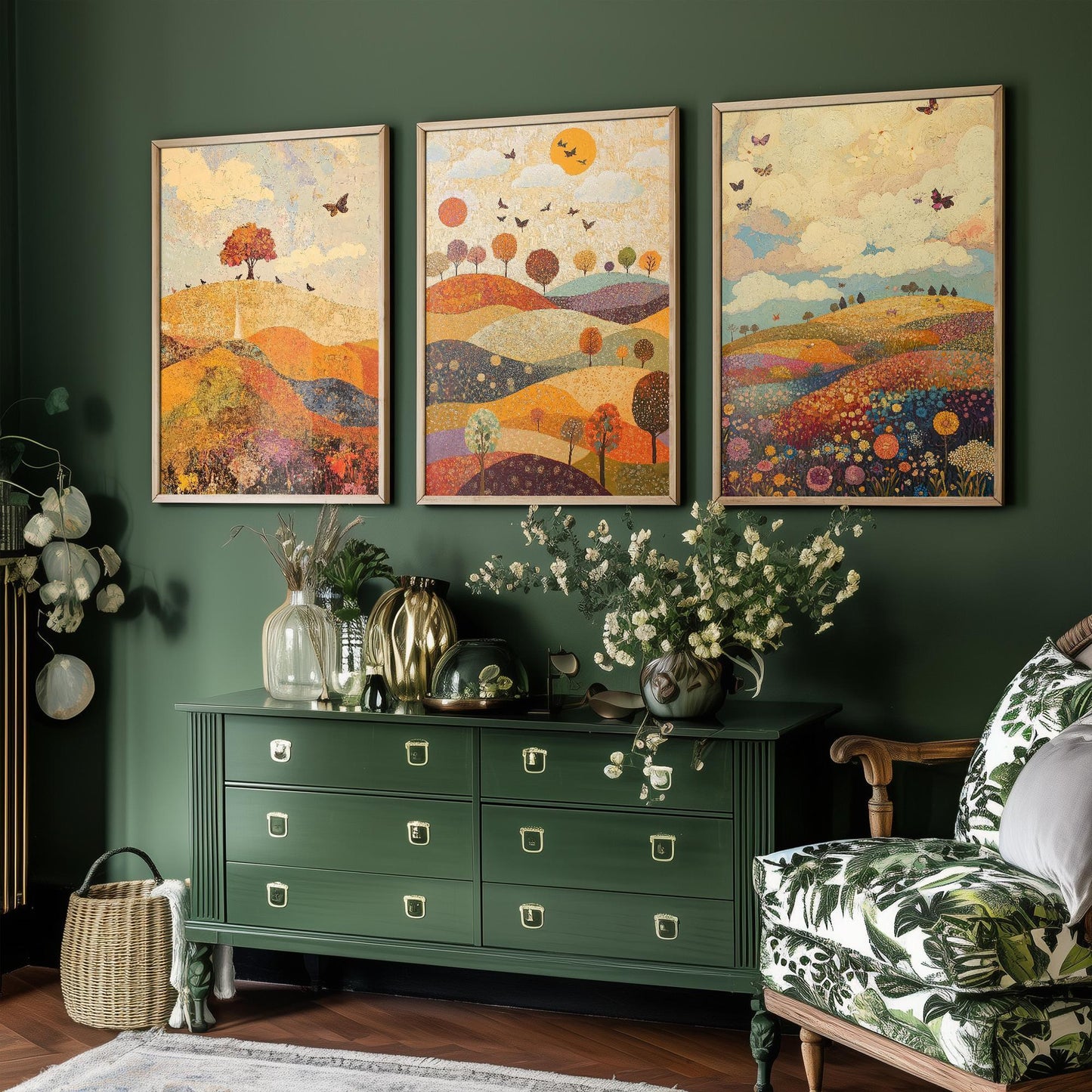 Rolling Butterfly Landscape Art Prints in Mulberry, Sand and Smoke - Set of Three Posters, Painting - Howgill Fells