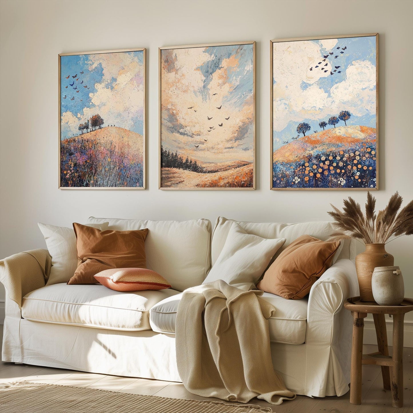 Rolling Butterfly Landscape Art Prints in Periwinkle, Copper and Ice - Set of Three Posters, Painting - Lincolnshire Wolds