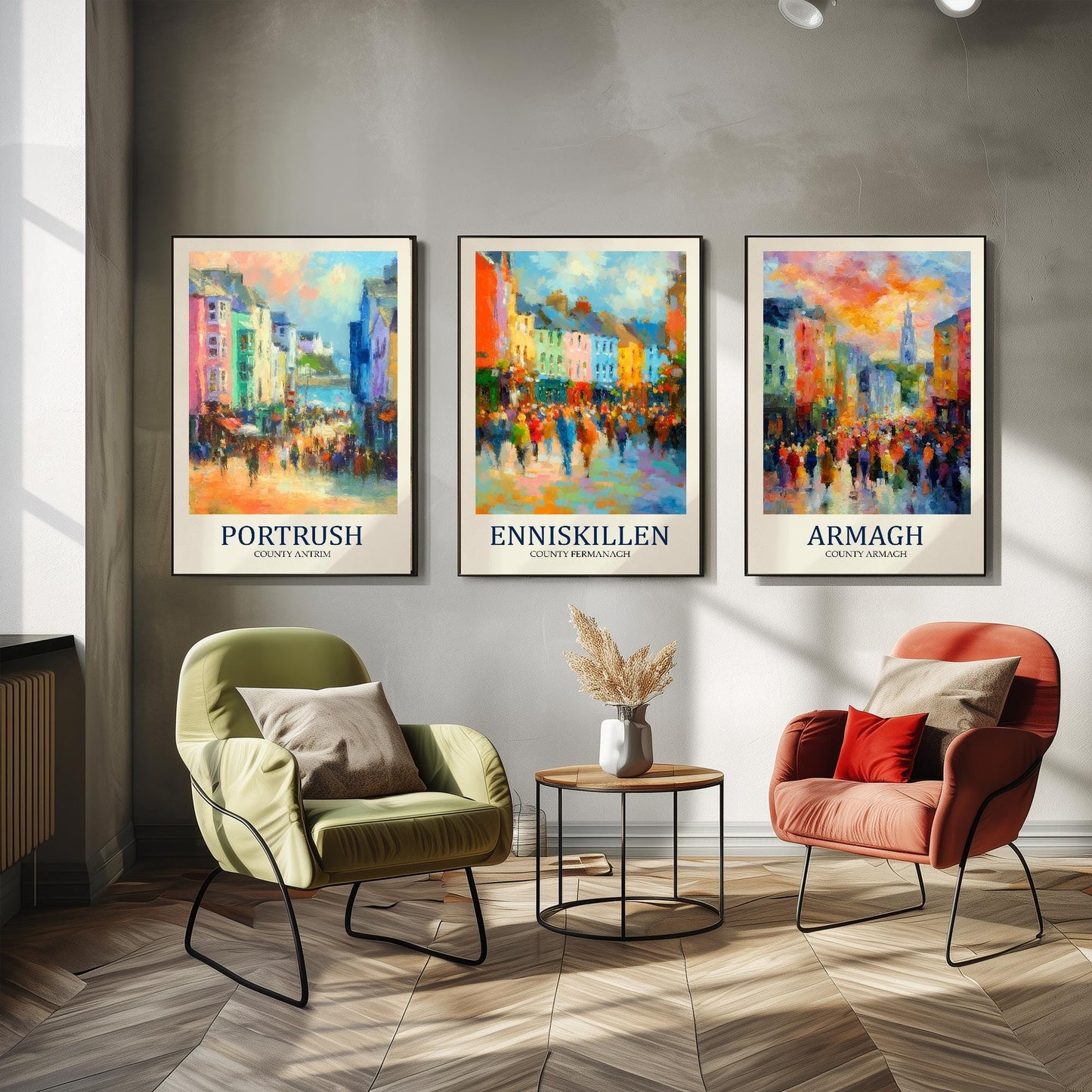 Northern Ireland Gems After Matisse Paintings - Set of Three Vibrant Art Prints - 3 Posters of Portrush, Enniskillen, Armagh