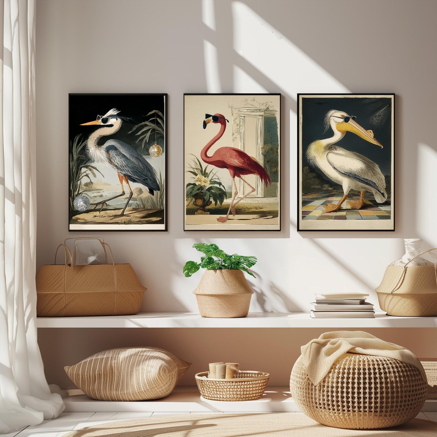 Set of Three Cool Party Dancing Flamingo Prints - 3 Bird Paintings - Poster Wall Art Giclée - John James Audubon, American White Pelican