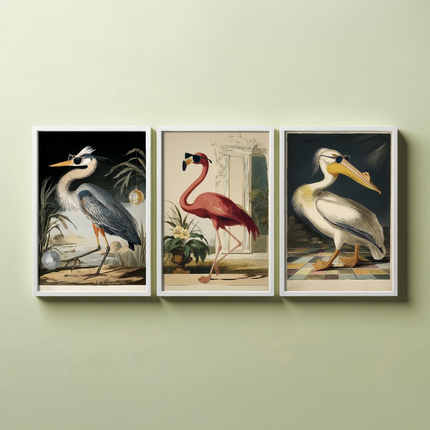 Set of Three Cool Party Dancing Flamingo Prints - 3 Bird Paintings - Poster Wall Art Giclée - John James Audubon, American White Pelican