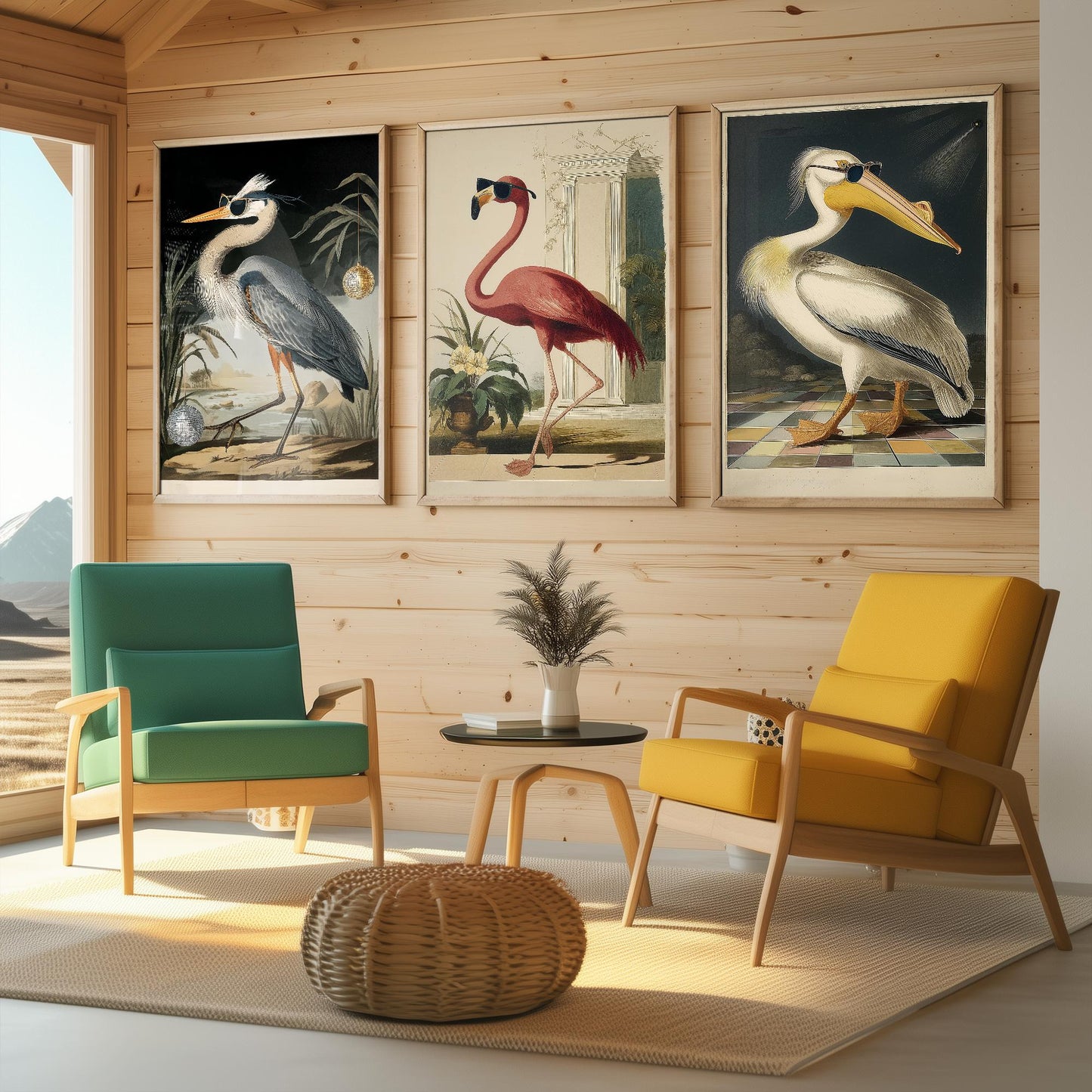 Set of Three Cool Party Dancing Flamingo Prints - 3 Bird Paintings - Poster Wall Art Giclée - John James Audubon, American White Pelican