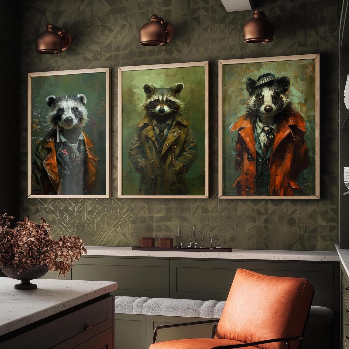 Set of Three Mischievous Animals Wearing Suits Posters - 3 Badger Raccoon Skunk Art Prints - Photo Painting Wall Smelly, Cute, Funny