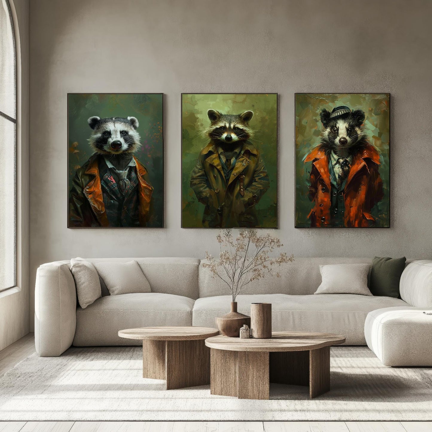 Set of Three Mischievous Animals Wearing Suits Posters - 3 Badger Raccoon Skunk Art Prints - Photo Painting Wall Smelly, Cute, Funny