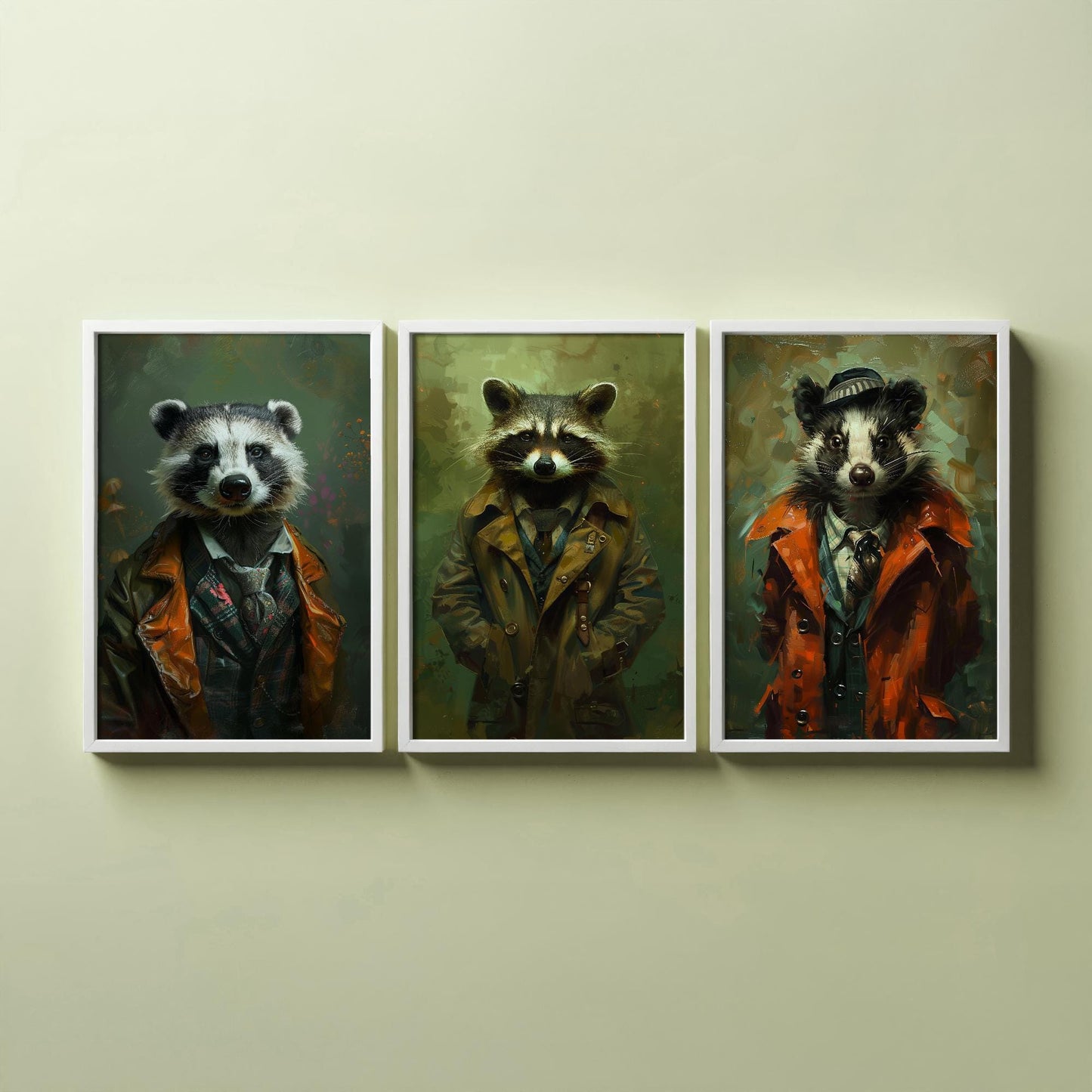 Set of Three Mischievous Animals Wearing Suits Posters - 3 Badger Raccoon Skunk Art Prints - Photo Painting Wall Smelly, Cute, Funny