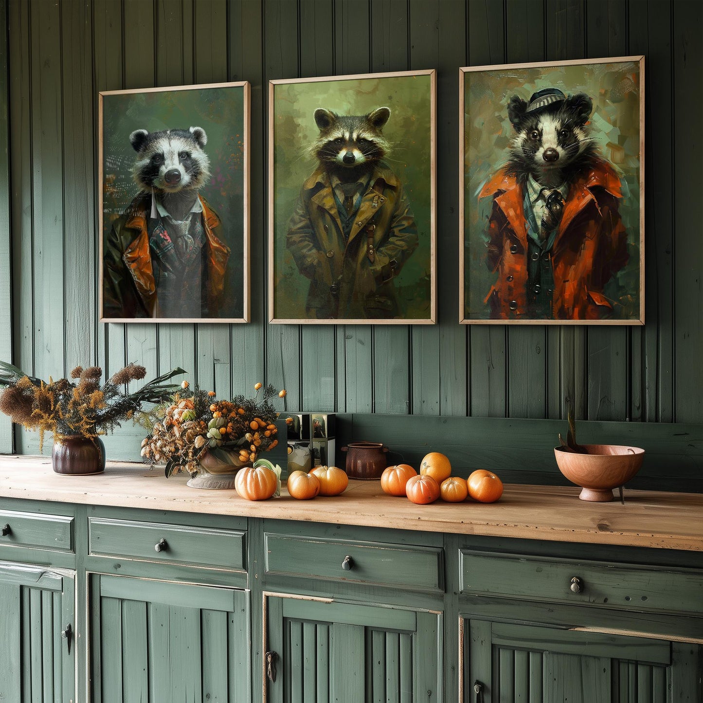 Set of Three Mischievous Animals Wearing Suits Posters - 3 Badger Raccoon Skunk Art Prints - Photo Painting Wall Smelly, Cute, Funny