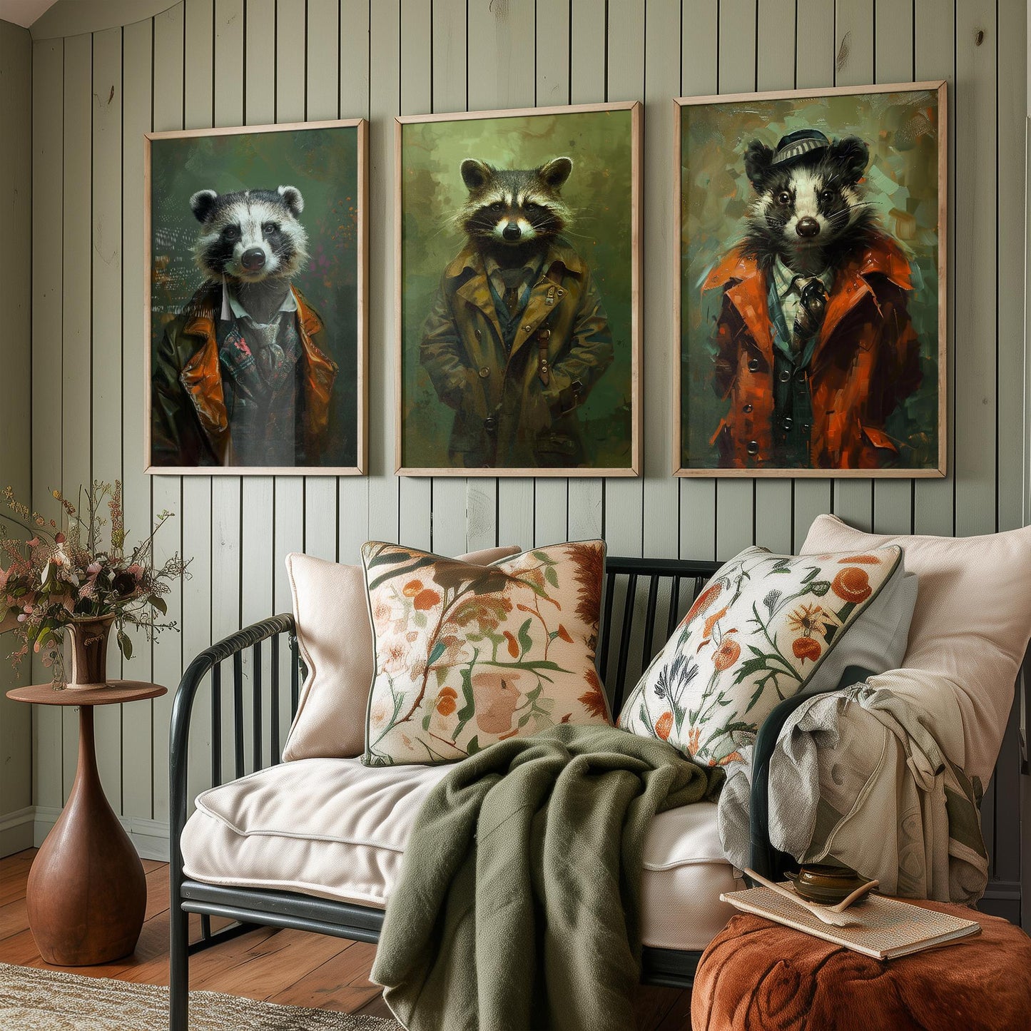 Set of Three Mischievous Animals Wearing Suits Posters - 3 Badger Raccoon Skunk Art Prints - Photo Painting Wall Smelly, Cute, Funny