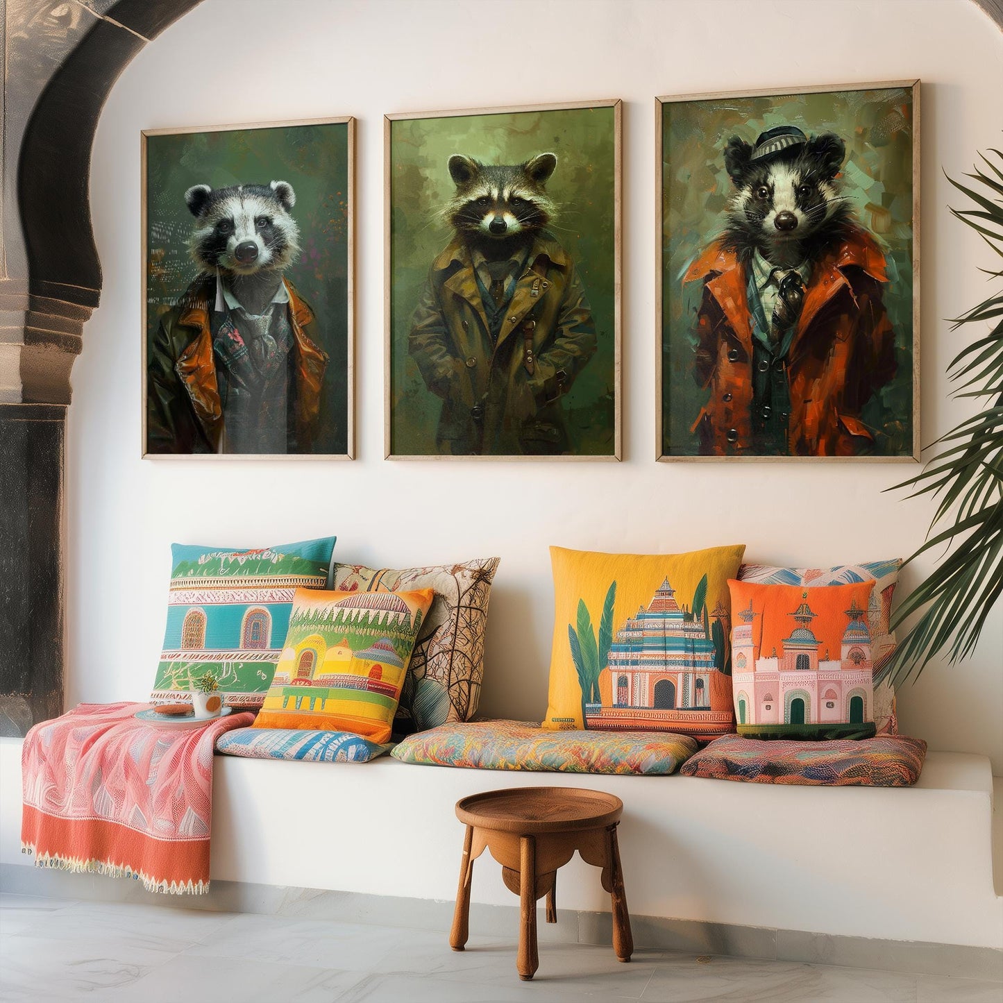 Set of Three Mischievous Animals Wearing Suits Posters - 3 Badger Raccoon Skunk Art Prints - Photo Painting Wall Smelly, Cute, Funny