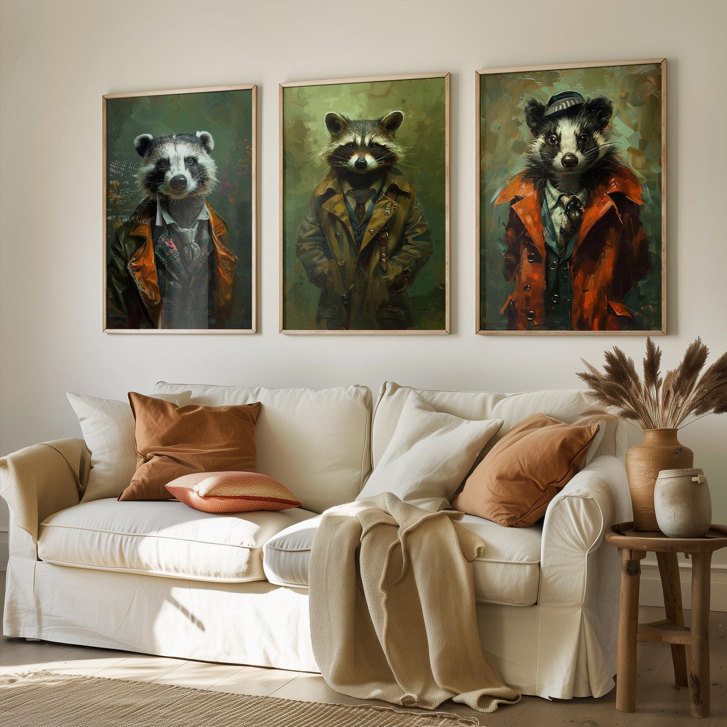 Set of Three Mischievous Animals Wearing Suits Posters - 3 Badger Raccoon Skunk Art Prints - Photo Painting Wall Smelly, Cute, Funny