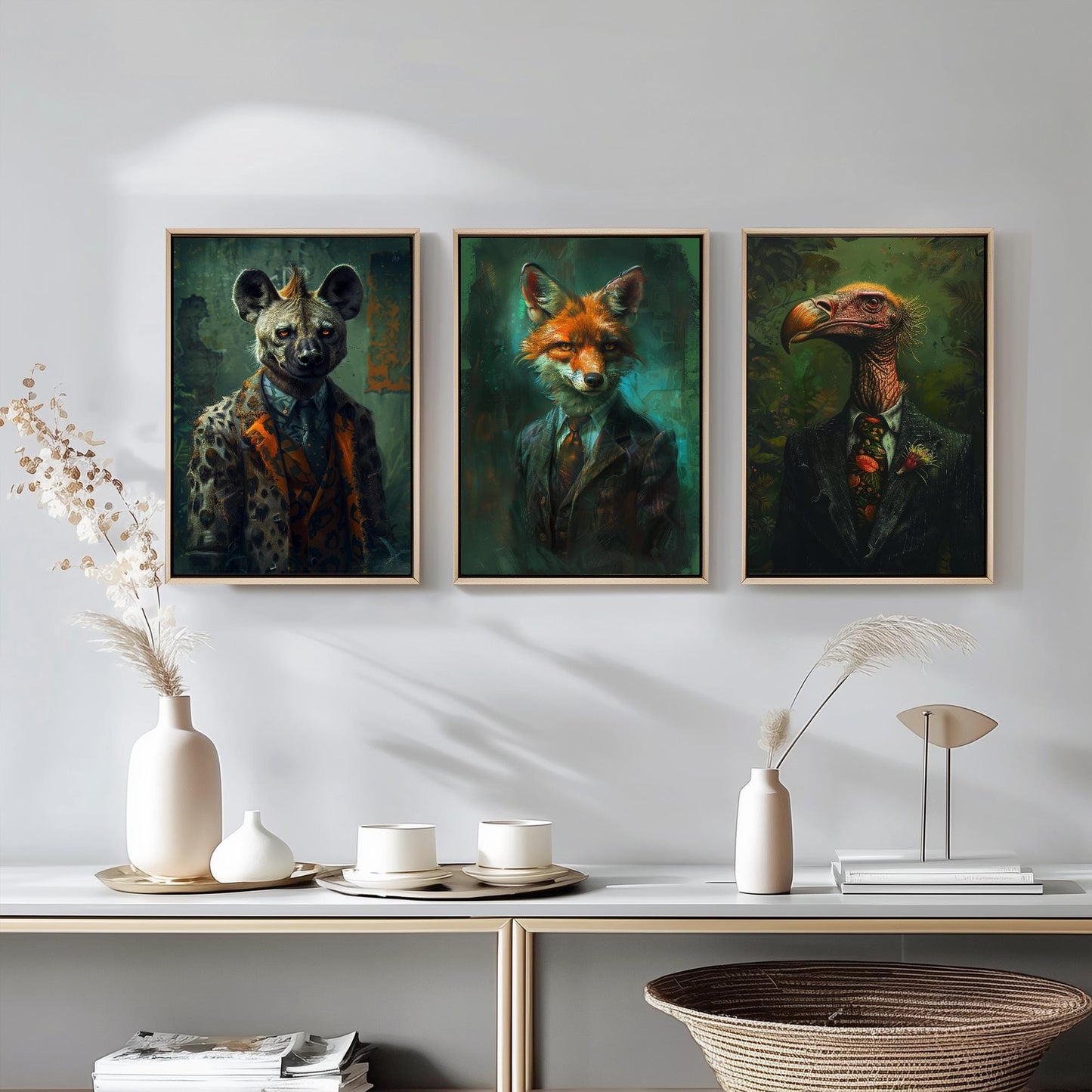 Set of Three Scavenger Animals Wearing Suits Posters - 3 Hyena, Jackal, Vulture Art Prints - Photo Painting Wall Meat Eater Carnivores