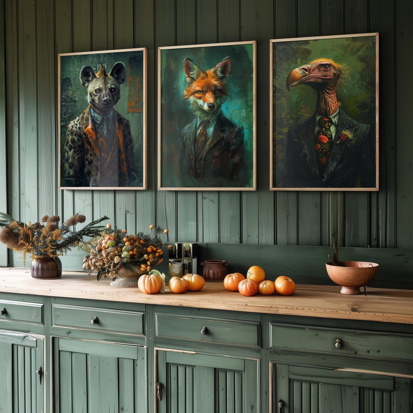 Set of Three Scavenger Animals Wearing Suits Posters - 3 Hyena, Jackal, Vulture Art Prints - Photo Painting Wall Meat Eater Carnivores